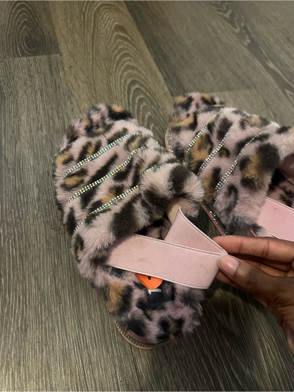 Pink Leopard Faux-Fur Ruffled Slide Sandals with Rhinestone Straps - Picture 6 of 9